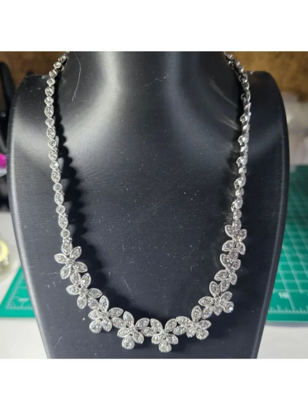 Monet Silver-Tone Floral Necklace Rhinestones Statement Jewelry Women Bridal